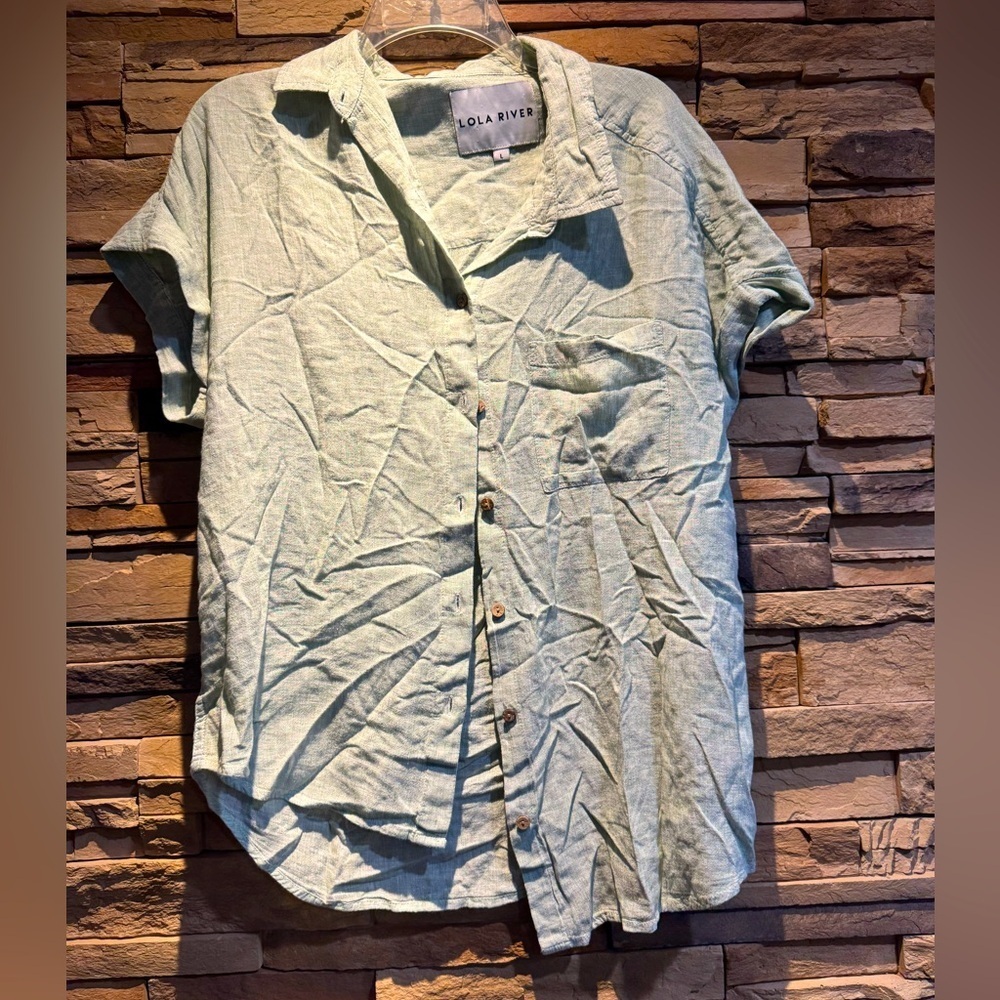 Lola River Green White Linen Blend Popover Top | L